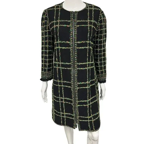 ANDREW GN Black Knit Cotton Floral Tweed Embroidered Mid-Length Coat Jacket EU46